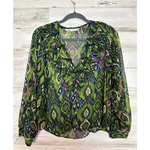 Zara Women's S green lightweight sheer long sleeve blouse new boho aztec top